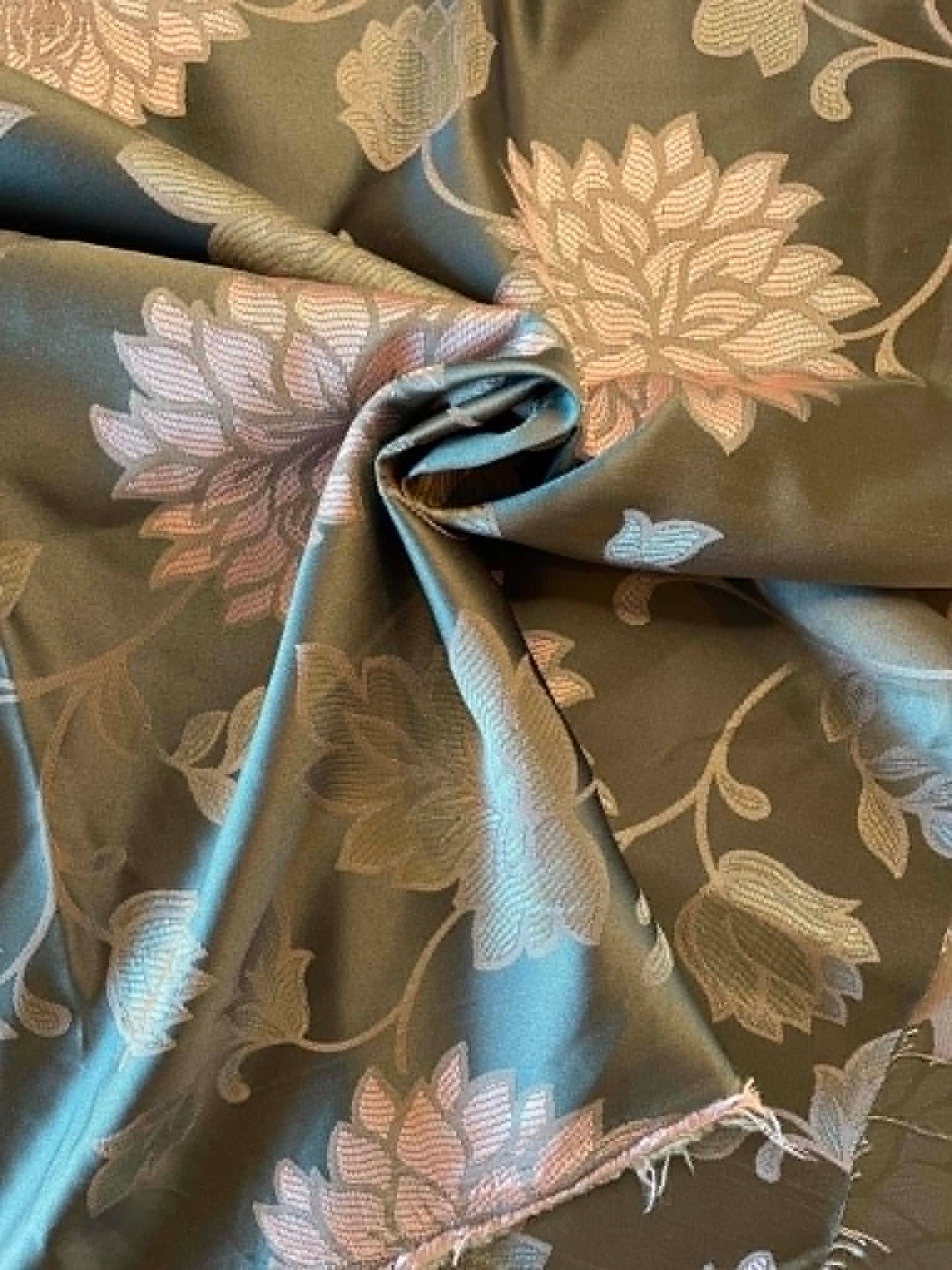 Pink Chrysanthemums on satiny gray background, upholstery fabric. 1 1/4 yard remnant by 58" wide.