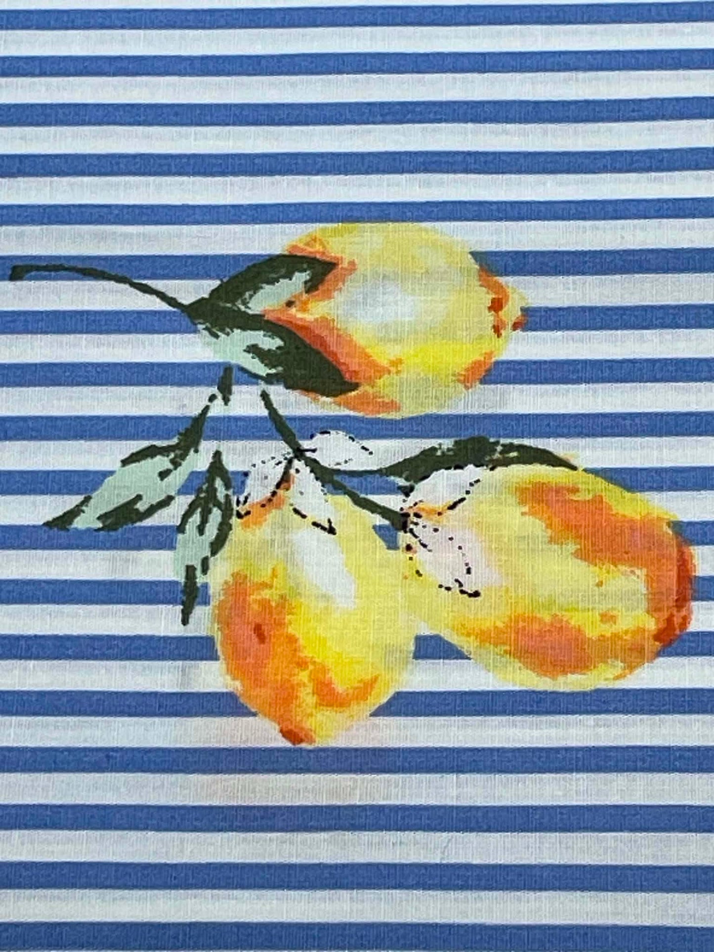 Lemons on blue and white stripes. Sold by the yard.