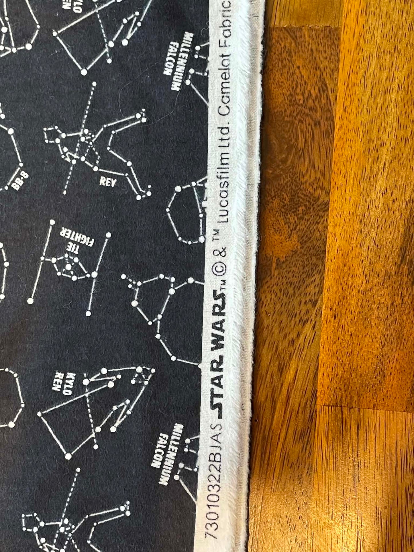 Flannel REMNANT. 31” x 42”. Star Wars constellation on black background.