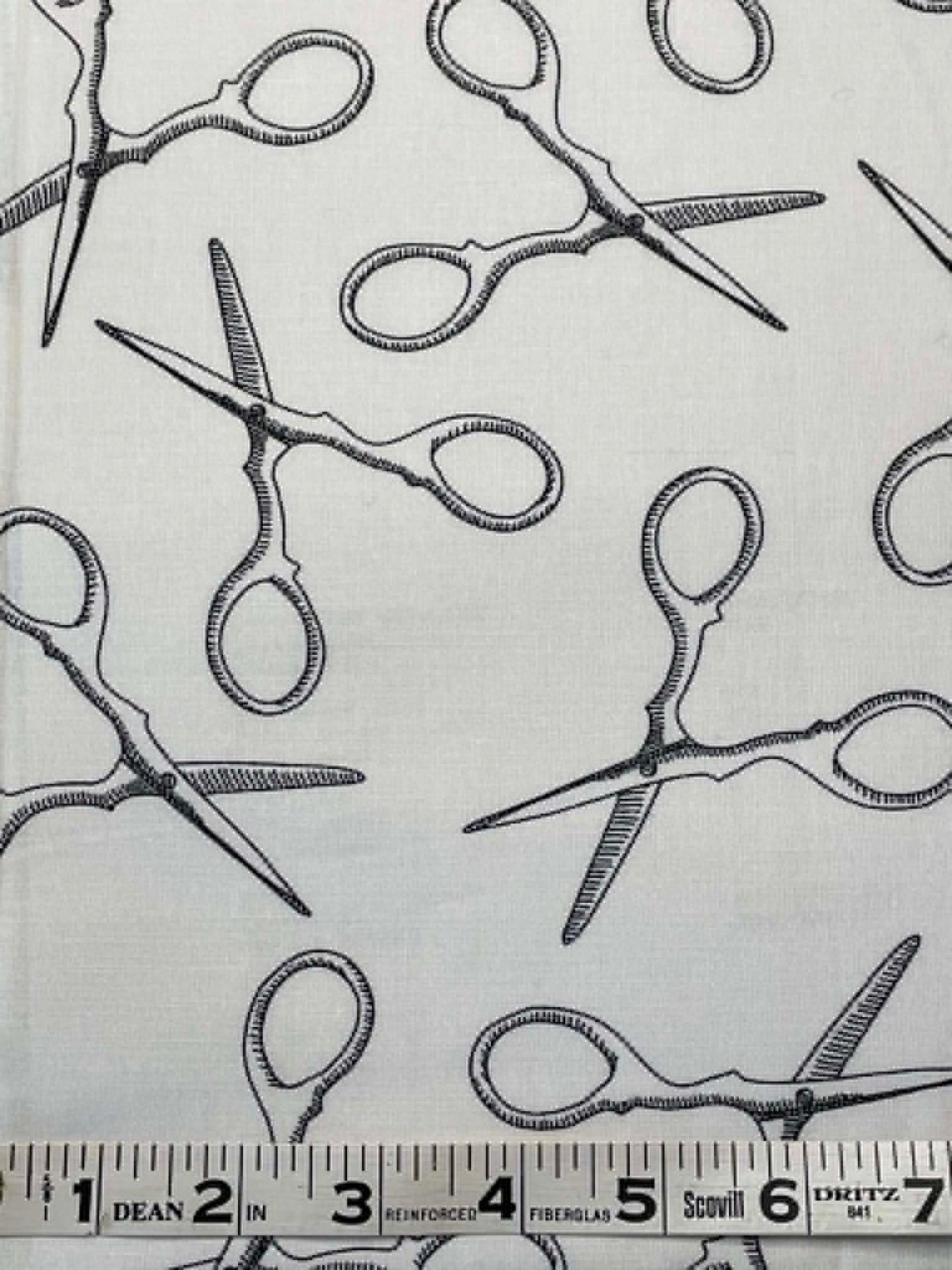 Black and White Scissors "Snippits". Sold by the half yard.