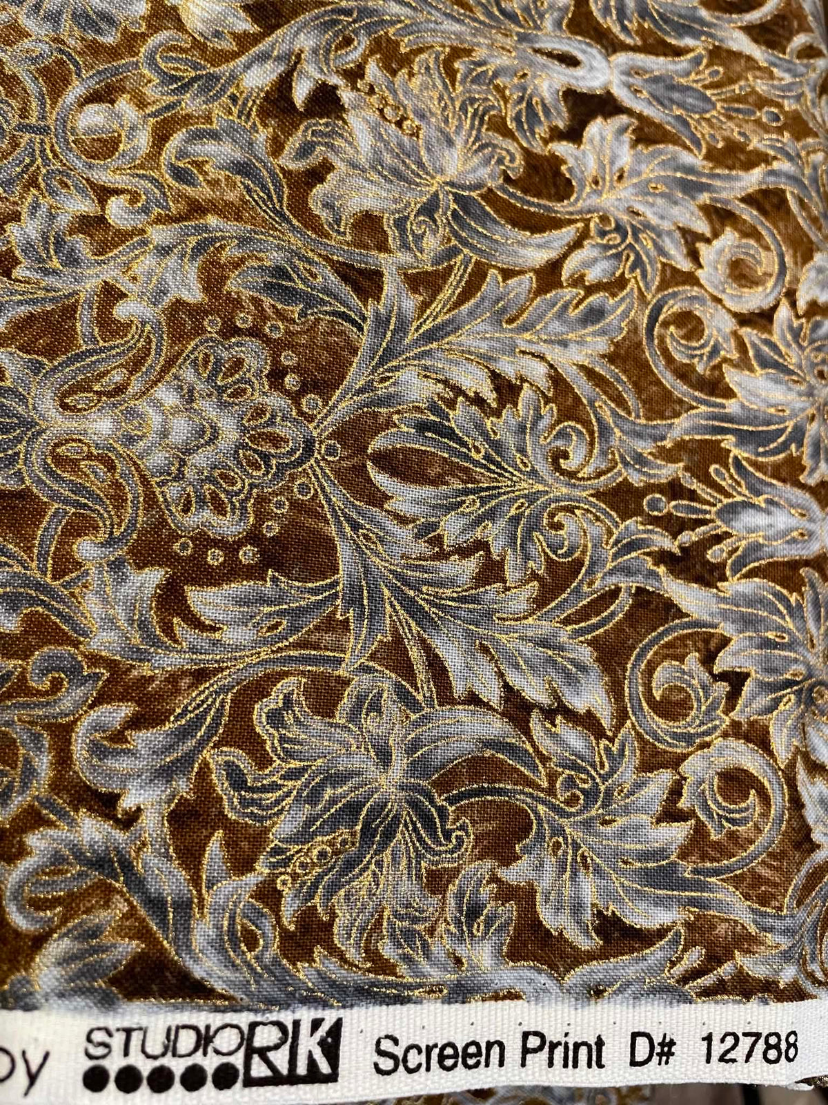 Robert Kaufman, La Scala 4, Brown and Rust with metallic gold.  Sold by the yard.