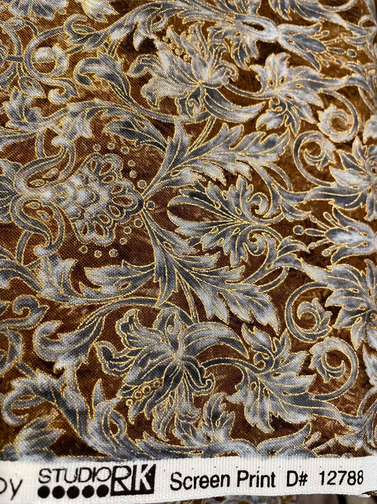 Robert Kaufman, La Scala 4, Brown and Rust with metallic gold.  Sold by the yard.