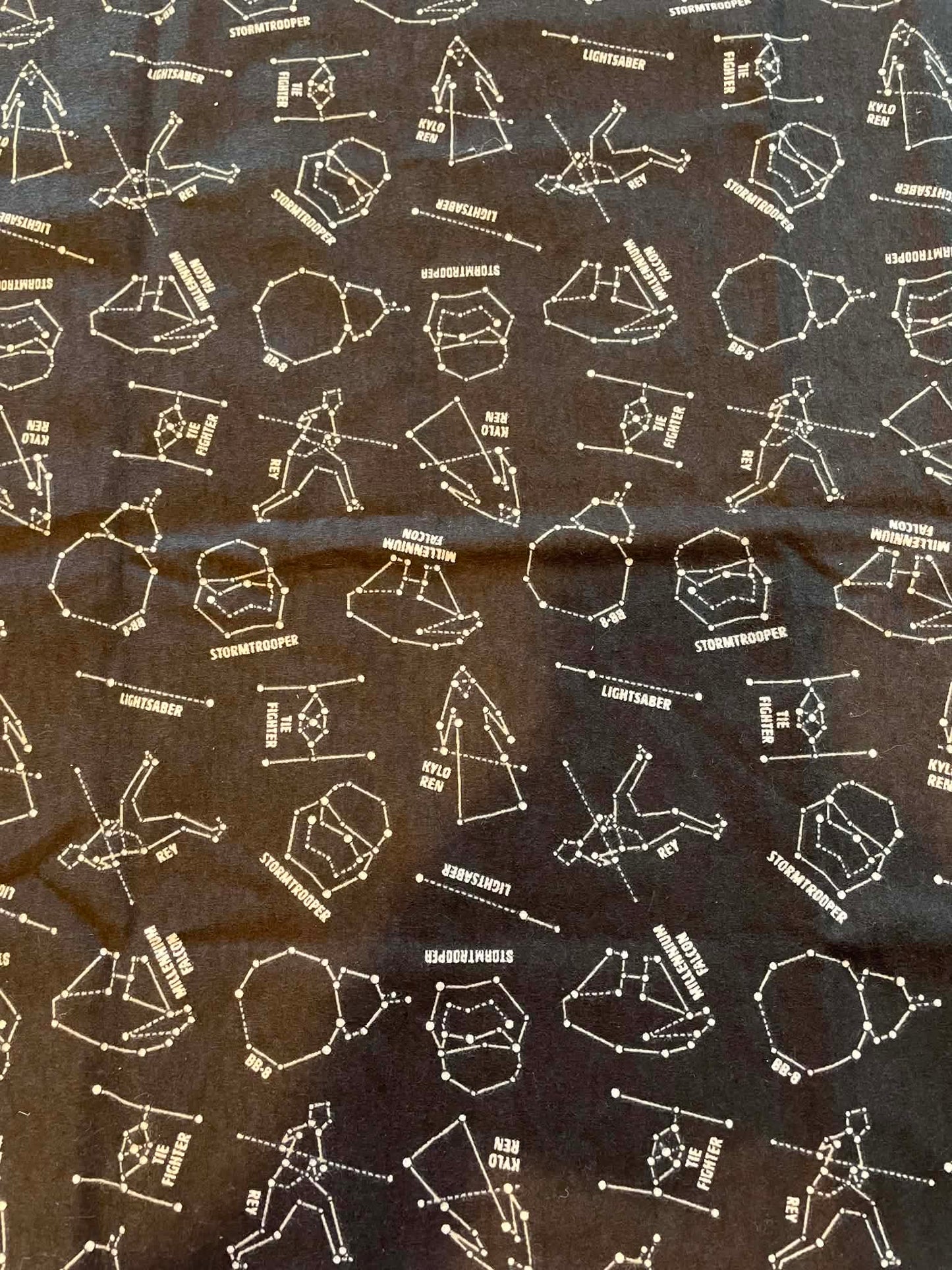 Flannel REMNANT. 31” x 42”. Star Wars constellation on black background.
