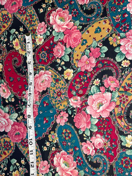 Pink flowers and red, tan and teal paisleys - Sold by the 1/2 yard