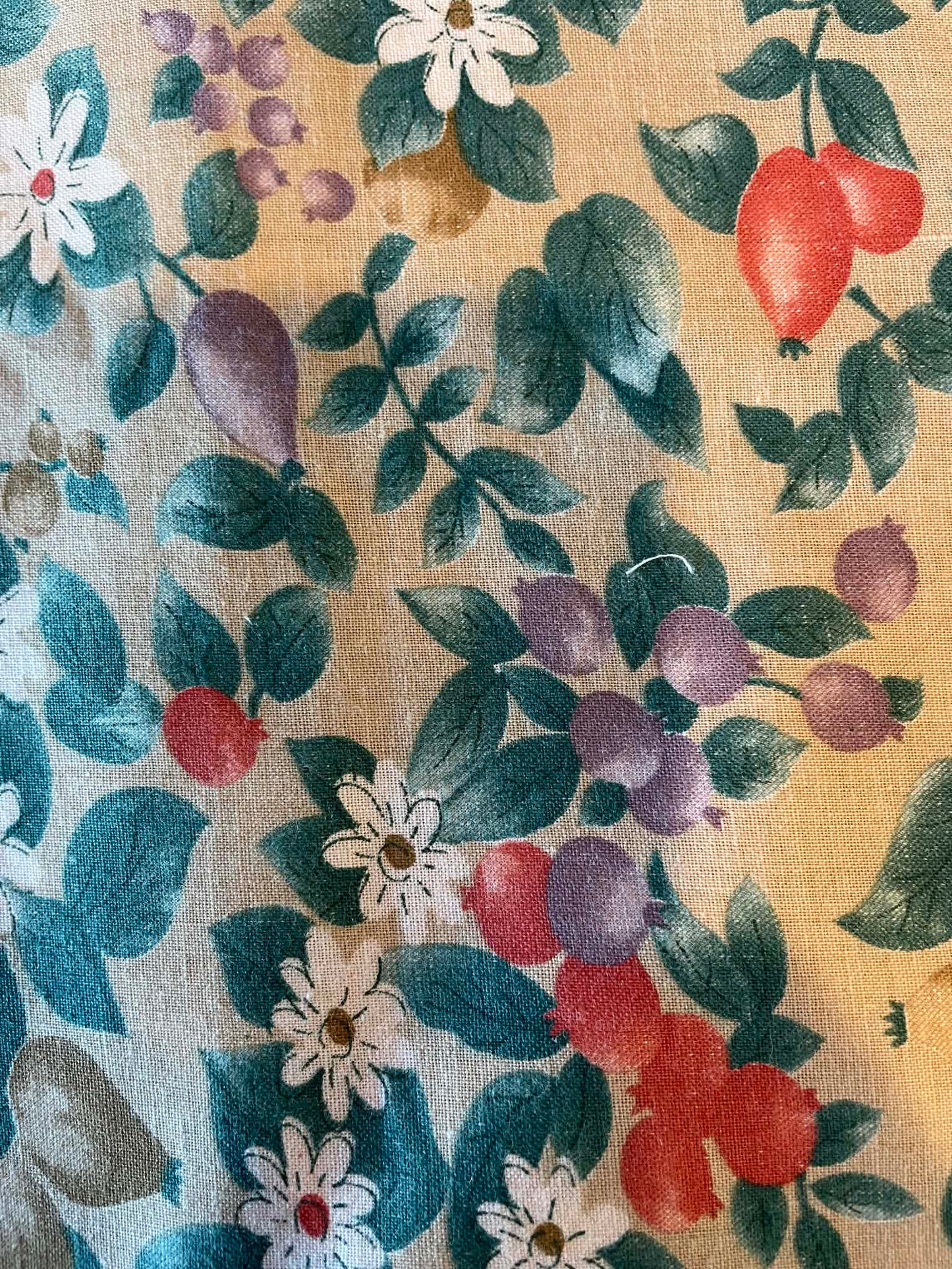 Purple, orange and tan fruits, white flowers on tan background - Sold by the 1/2 yard.