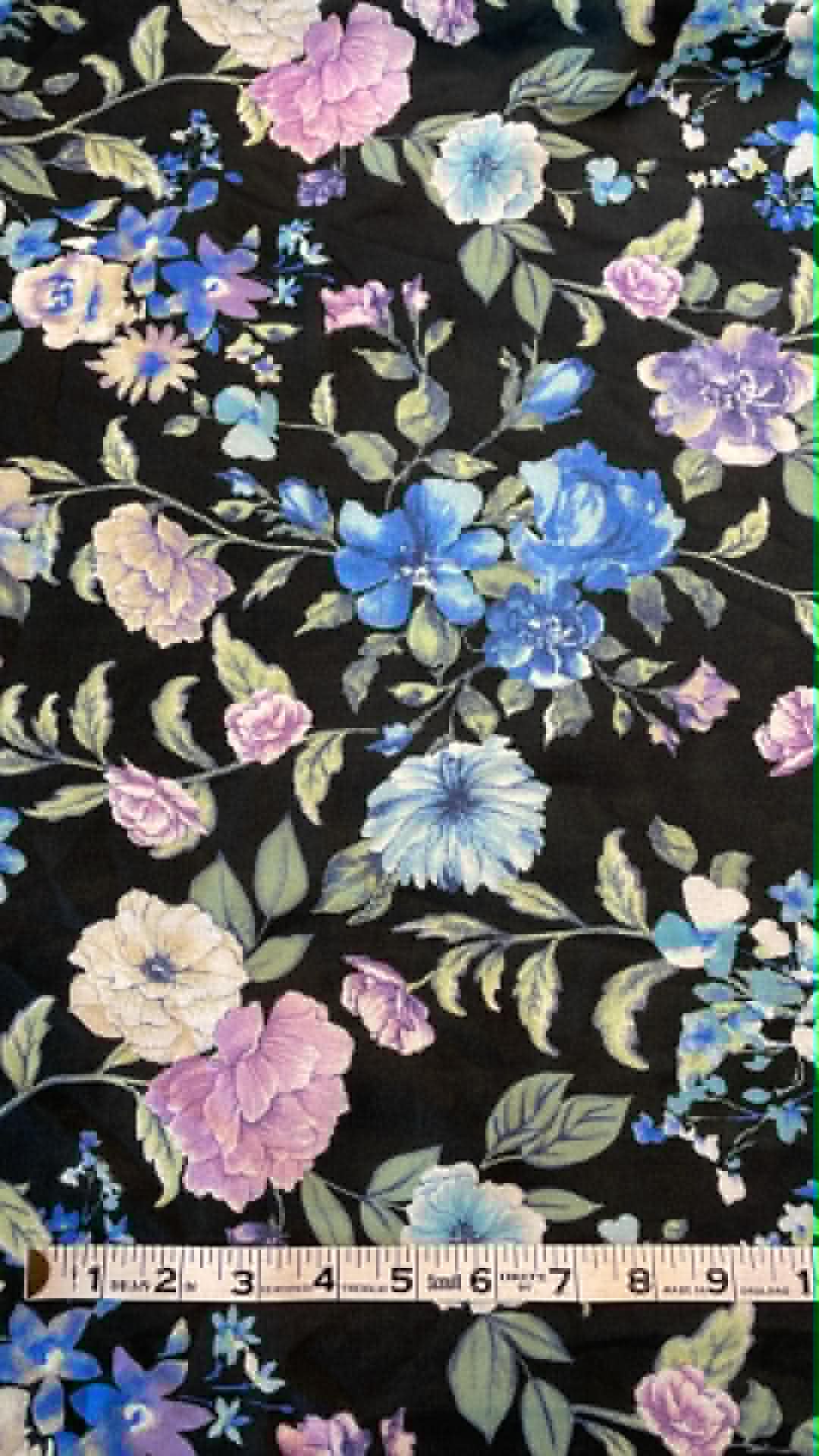 Blue and pink floral on black background.  ** REMNANT **