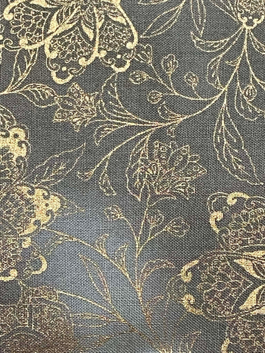 Two tone greenish gray with metallic gold floral.  Sold by the yard.