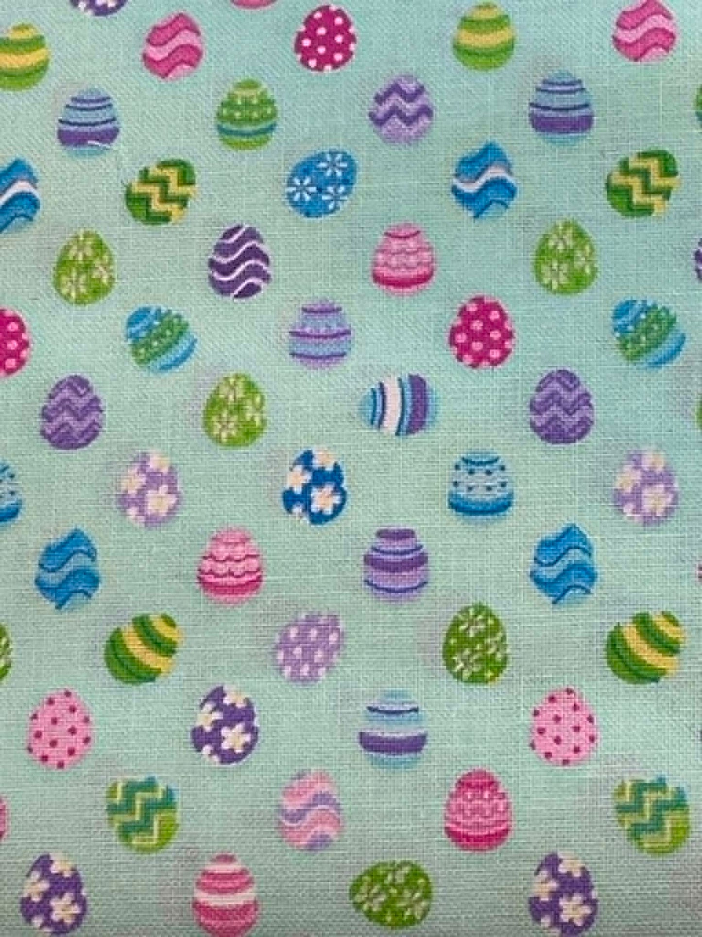 Spring Fling - Studio Cottons.  Patterned Easter Eggs on Turquoise.  Sold by the 1/2 yard.