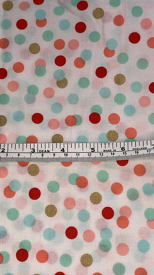 Rust, gold, lt blue, lt pink polka dots