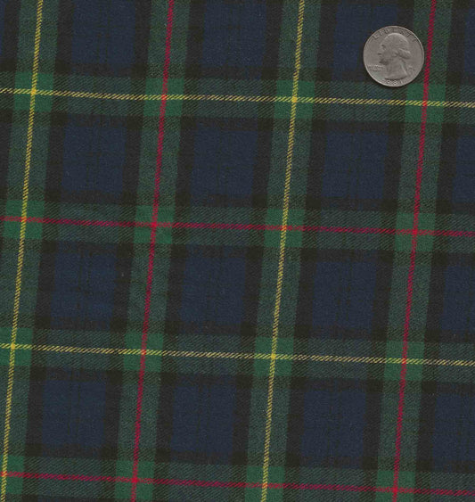 Blue and green plaid with small yellow and red stripes.  Sold by the yard.