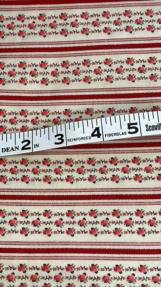 Pink flowers, red stripes on off white background