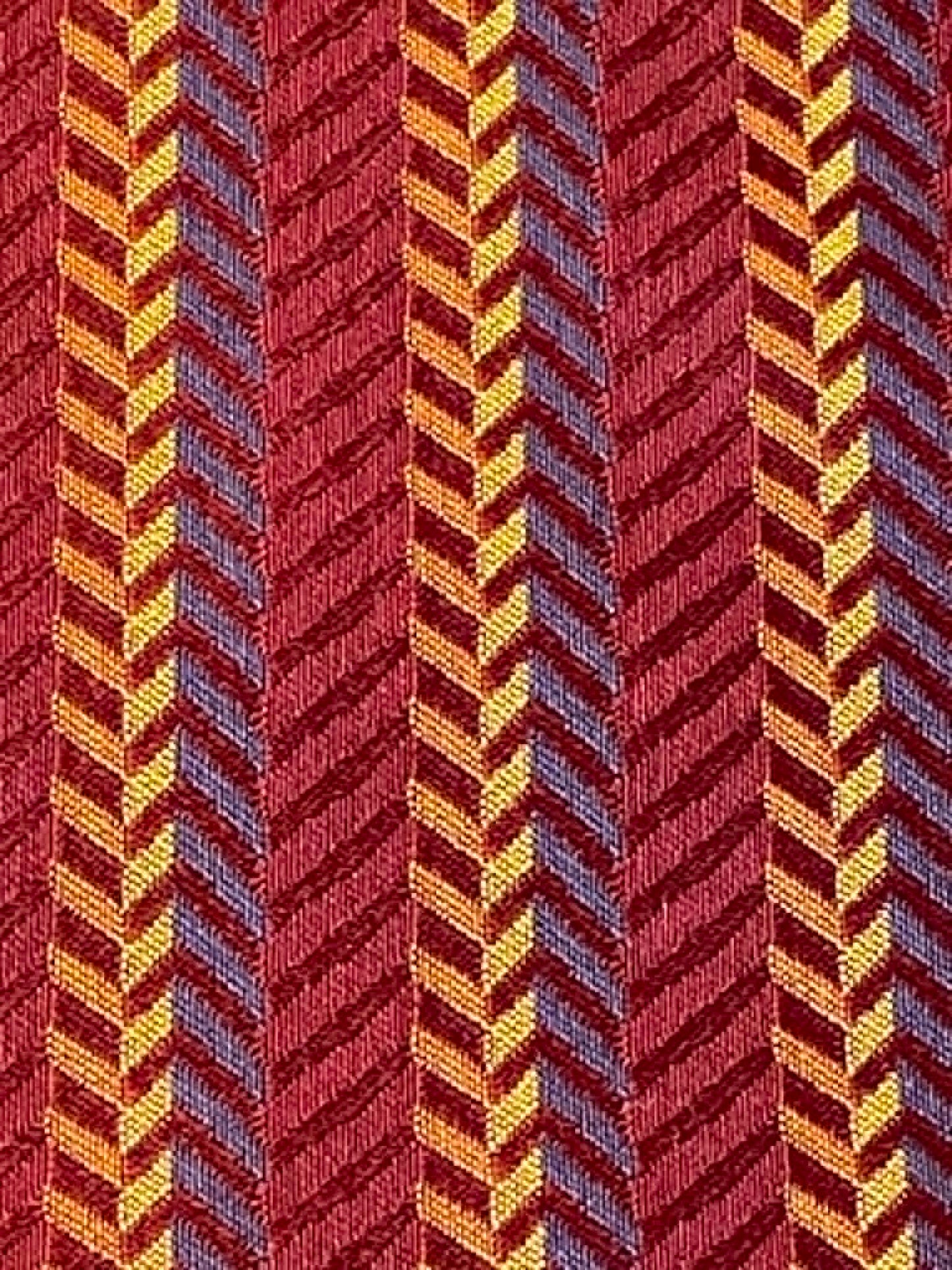 Maroon, blue and tan zigzag jacquard upholstery fabric.  58" wide.  Sold by the yard.