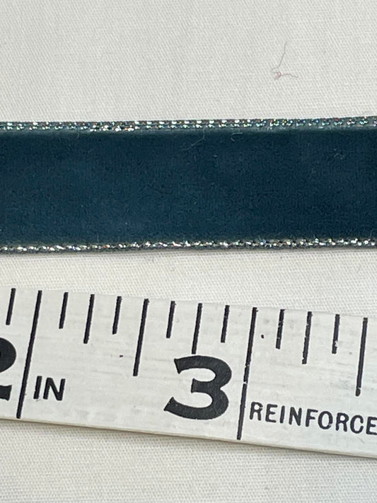 .625" greenish gray velvet ribbon w/ silver edges.  Sold by the yard.