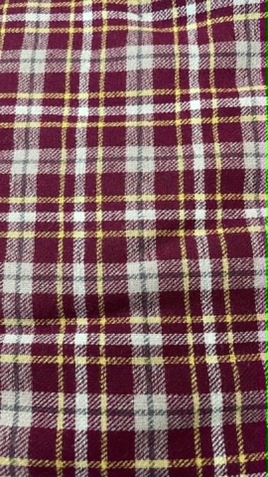 Ozark Mountain flannel.  Burgundy with white, gray and yellow.  Sold by the yard.