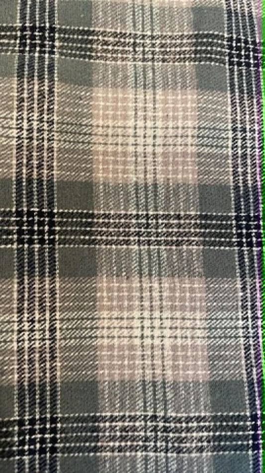 REMNANT ** Ozark Mountain flannel.  Green, tan and black plaid.  21" at its narrowest point x 60" WOF