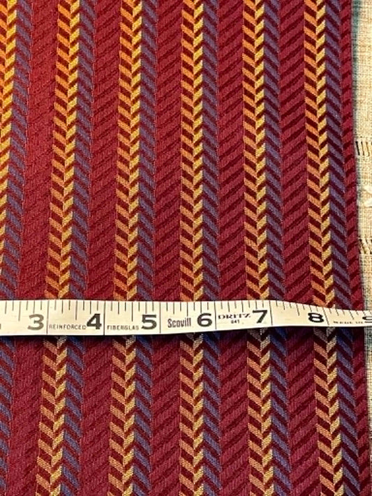 Maroon, blue and tan zigzag jacquard upholstery fabric.  58" wide.  Sold by the yard.