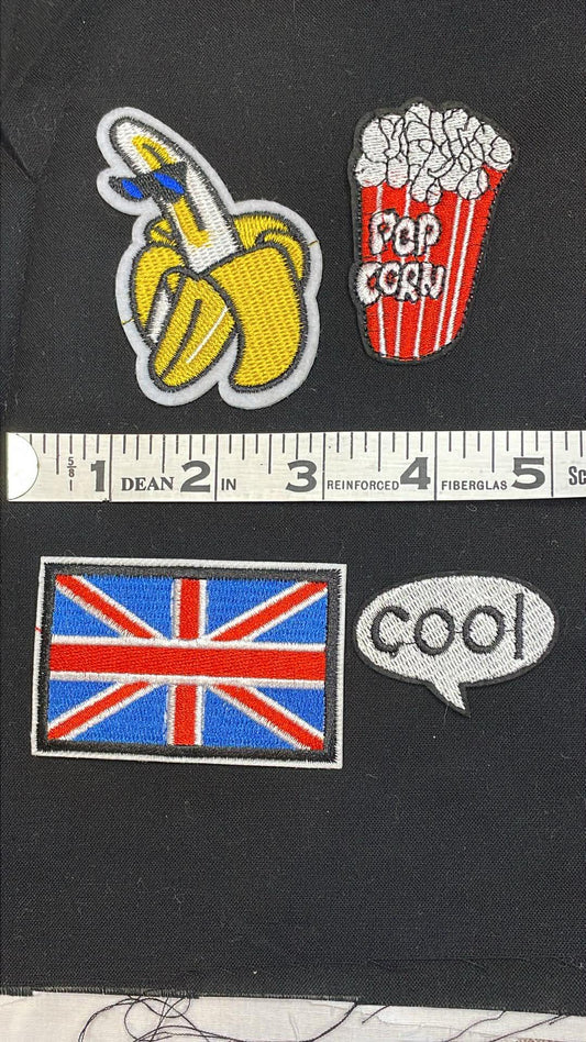 Embroidered Banana, Popcorn, Union Jack, and Cool Patches