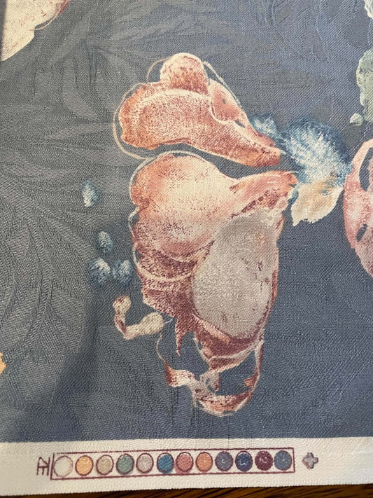 Pink floral on a blue jacquard background, upholstery fabric.  Sold by the yard.