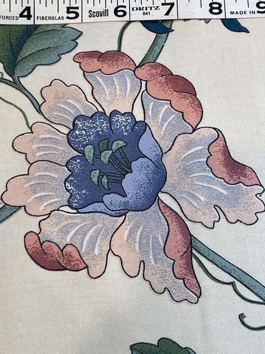 Blue, green and peach floral on white.  Upholstery fabric.  Sold by the yard.