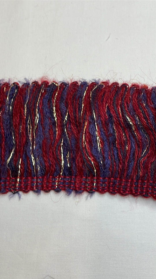 2 1/2" wide maroon, blue and metallic brush yarn chainette trim.  Sold by the half yard.