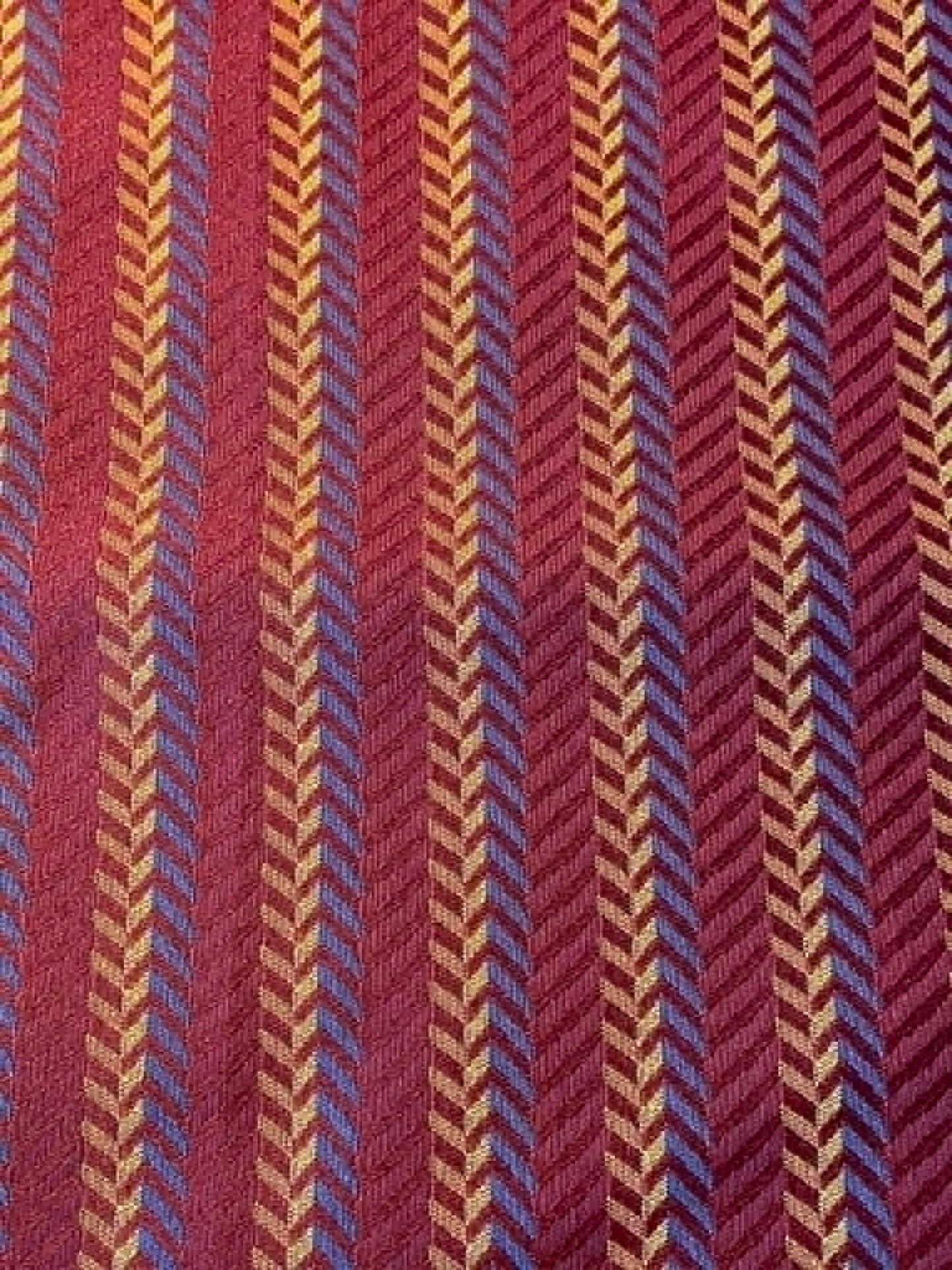 Maroon, blue and tan zigzag jacquard upholstery fabric.  58" wide.  Sold by the yard.