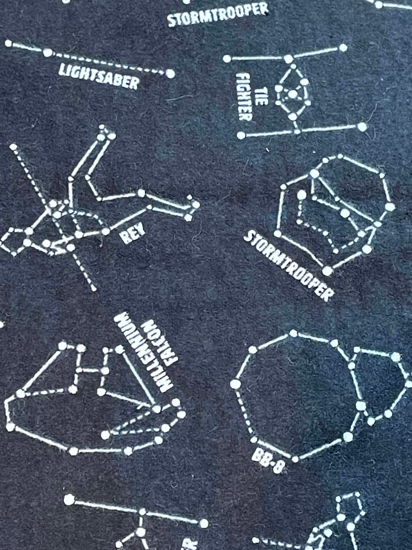 Flannel REMNANT. 31” x 42”. Star Wars constellation on black background.