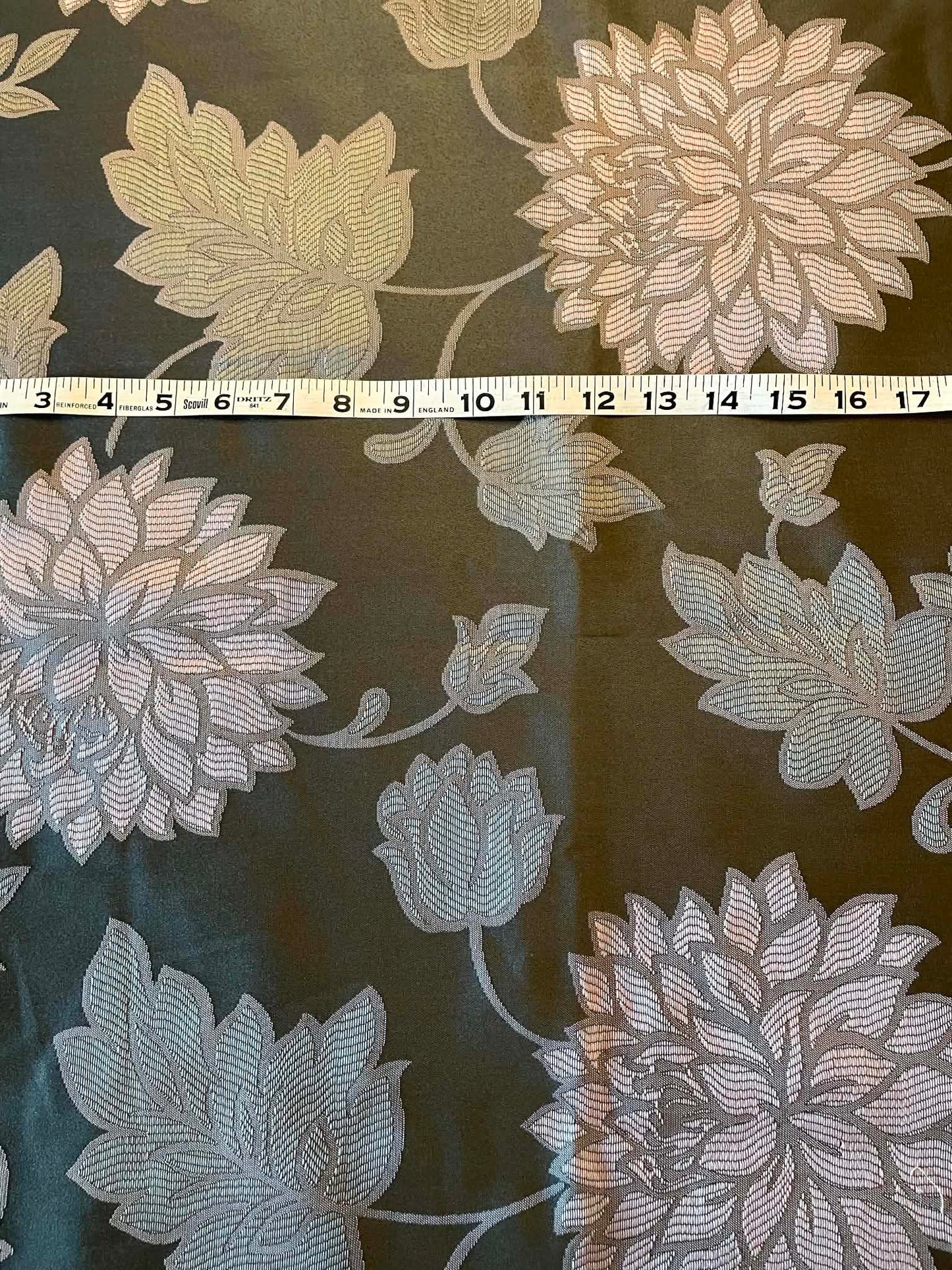 Pink Chrysanthemums on satiny gray background, upholstery fabric.  1 1/4 yard remnant by 58" wide.